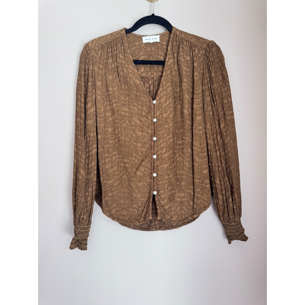 Bella Dahl Bronze Textured Button Down Blouse Smocked Cuff XS‎ date night